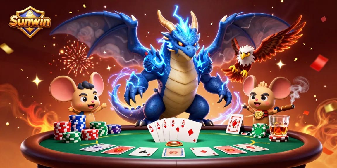 Experience thrilling gaming at Sunwin with a dynamic thunder dragon, poker chips, and a festive atmosphere.
