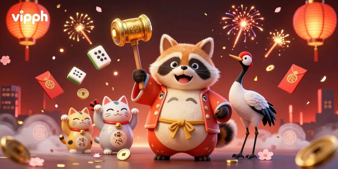 Experience energetic gameplay with vipph, featuring 3D characters celebrating luck and fortune among vibrant gaming elements.