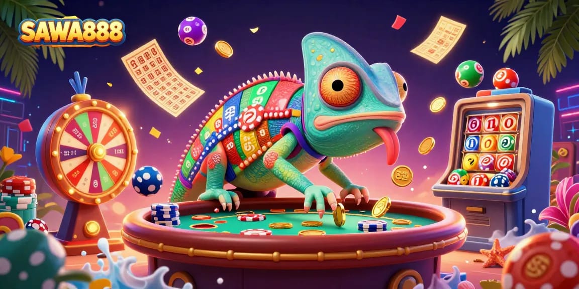 Experience the excitement at SAWA888, where a playful chameleon owner captures golden coins amidst lively lottery elements.