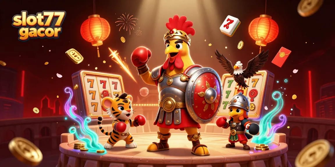 Spin and win with slot77 gacor in an exciting casino arena illustration.