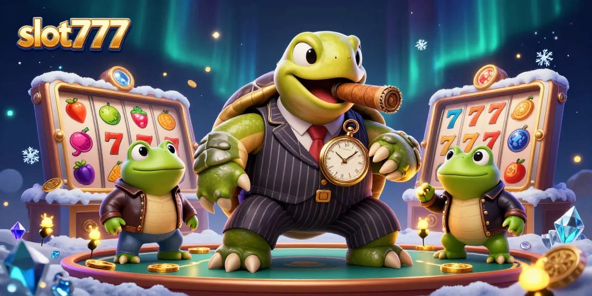 Visualisasi slot777 yang menampilkan kura-kura besar berbusana mobster dengan simbol slot dinamis dan koin emas.