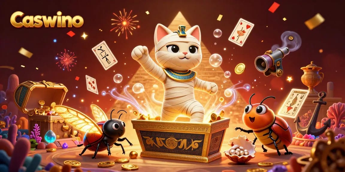 Experience Caswino's thrilling gaming atmosphere with a vibrant illustration of casino-themed characters.