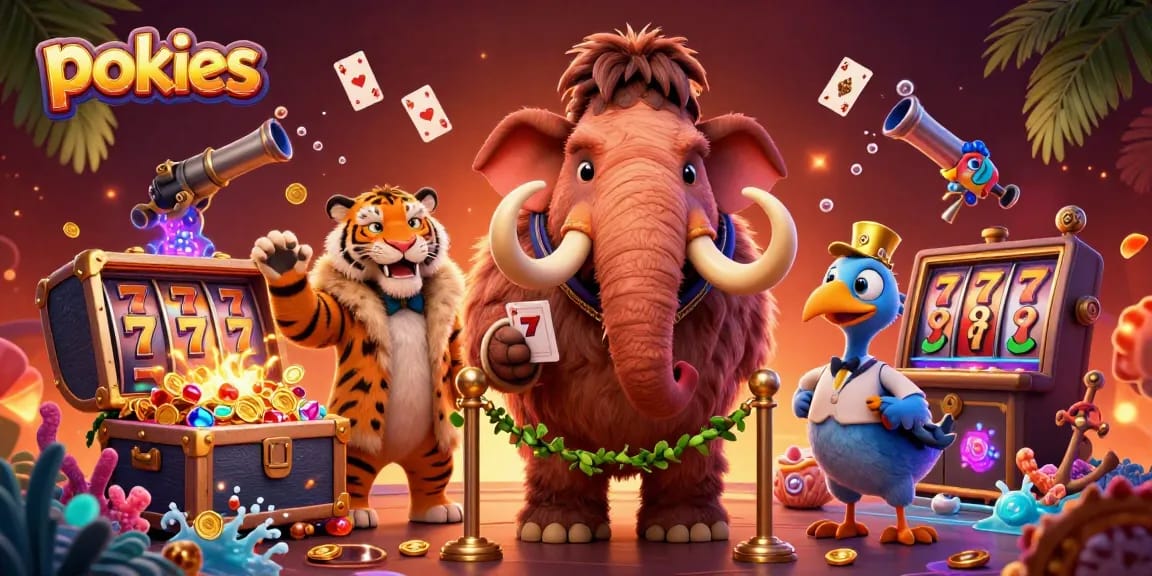 Experience exciting pokies action with a vibrant casino scene full of engaging characters and elements.