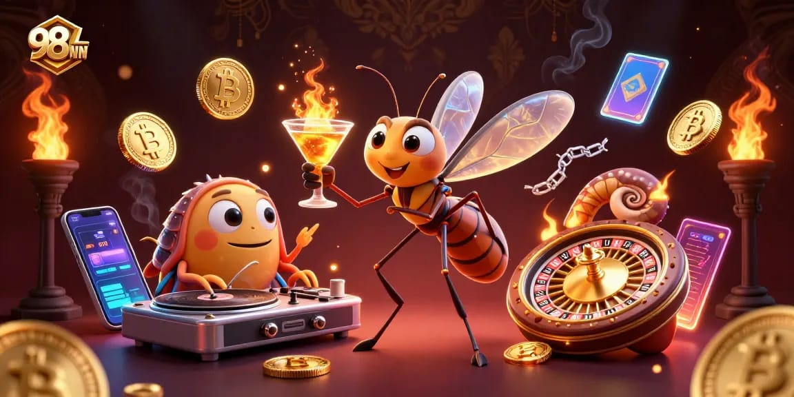 Engage with 98WIN's thrilling casino experience featuring vibrant characters and crypto elements.