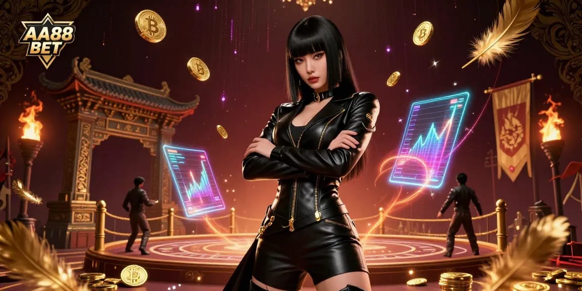 Engage with AA88 BET featuring a powerful Asian woman in a futuristic casino, surrounded by Bitcoin coins and betting tokens.