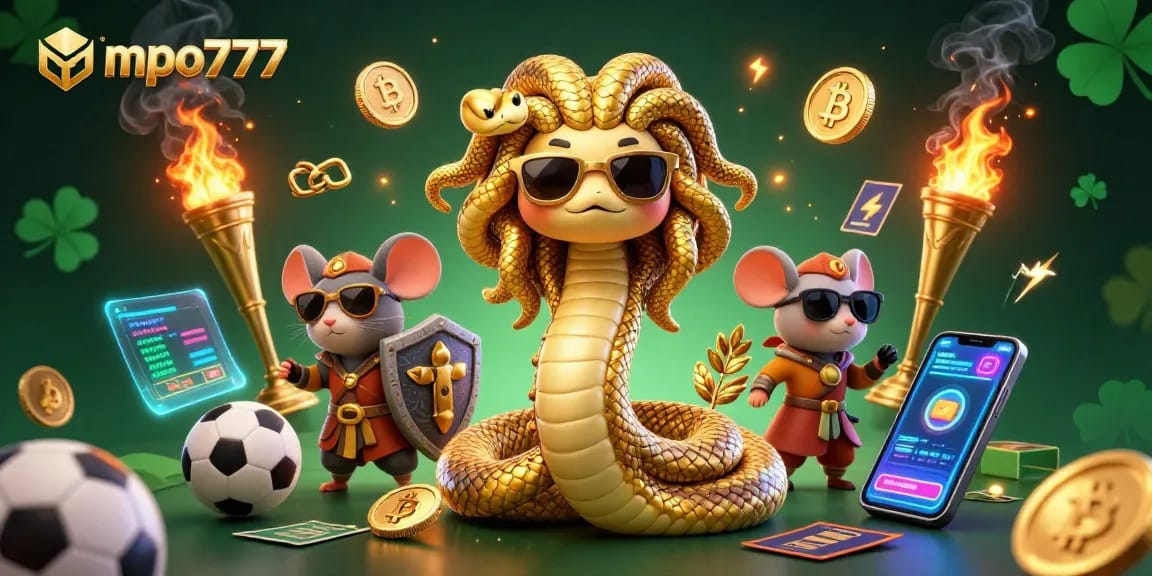 Bet on sports with mpo777's dynamic 3D illustration showcasing friendly Medusa, a warrior mouse, and vibrant gaming elements.