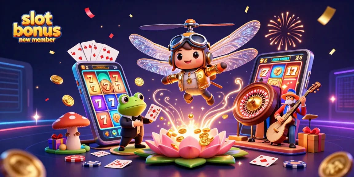 Engage with the slot bonus new member offer featuring vibrant casino elements and characters in a dynamic illustration.