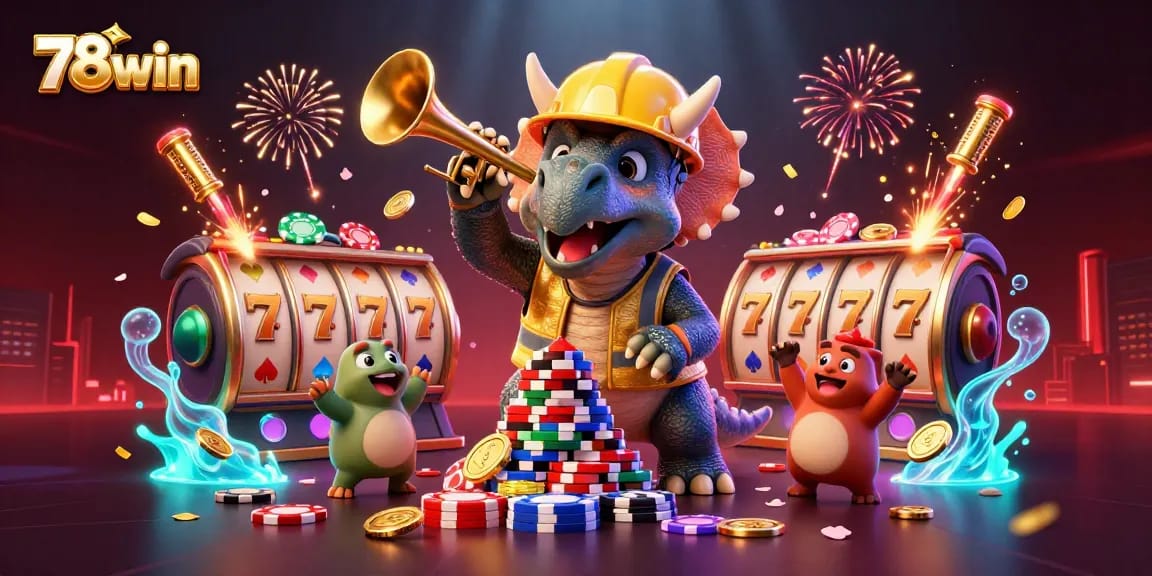 Experience the thrill of winning at 78win with dynamic casino elements and characters celebrating.