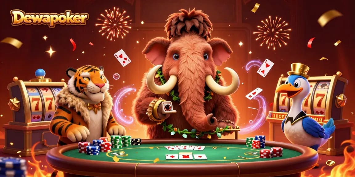 Dewapoker engages players with a vibrant poker scene featuring a mammoth bouncer and slot reels.