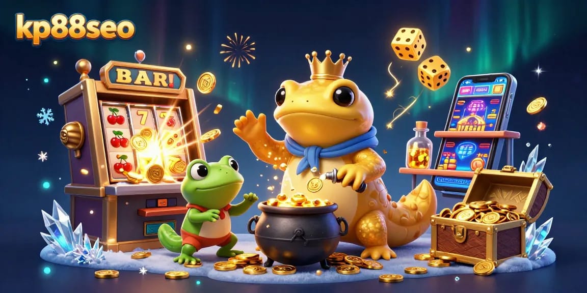 kp88seo offers exciting gameplay with a golden salamander alchemist amidst casino elements and vibrant action.