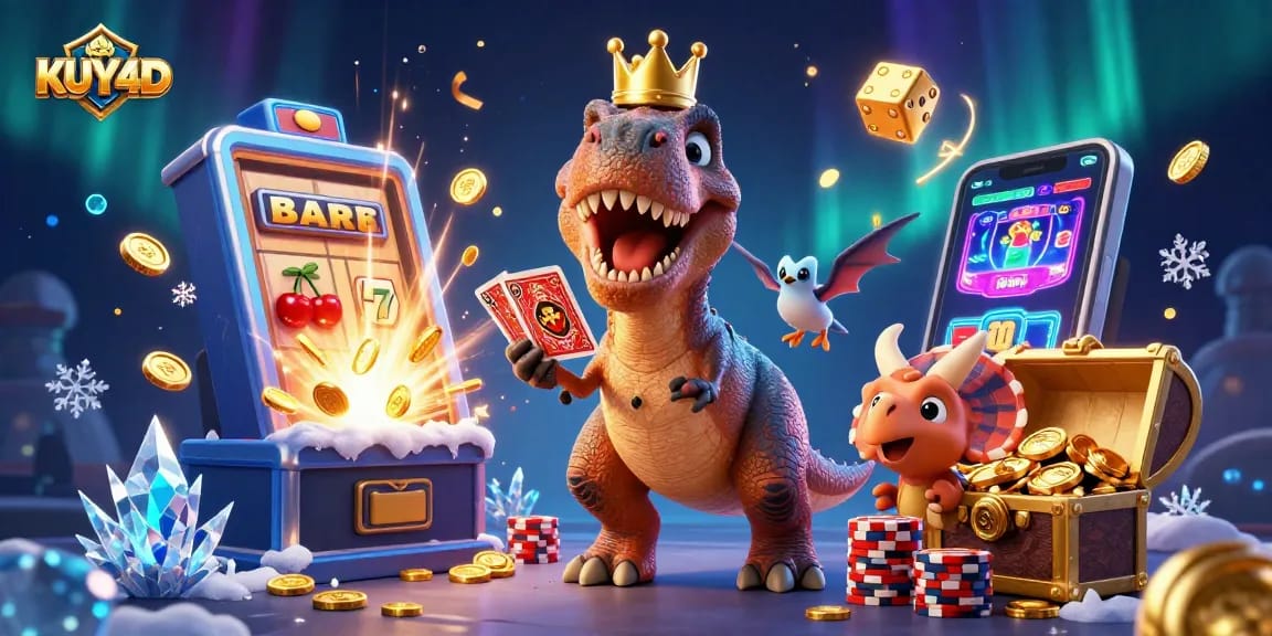 Mainkan KUY4D dengan T-Rex lucu yang menggenggam kartu sambil pterodactyl membantu dan triceratops menumpuk chip emas.
