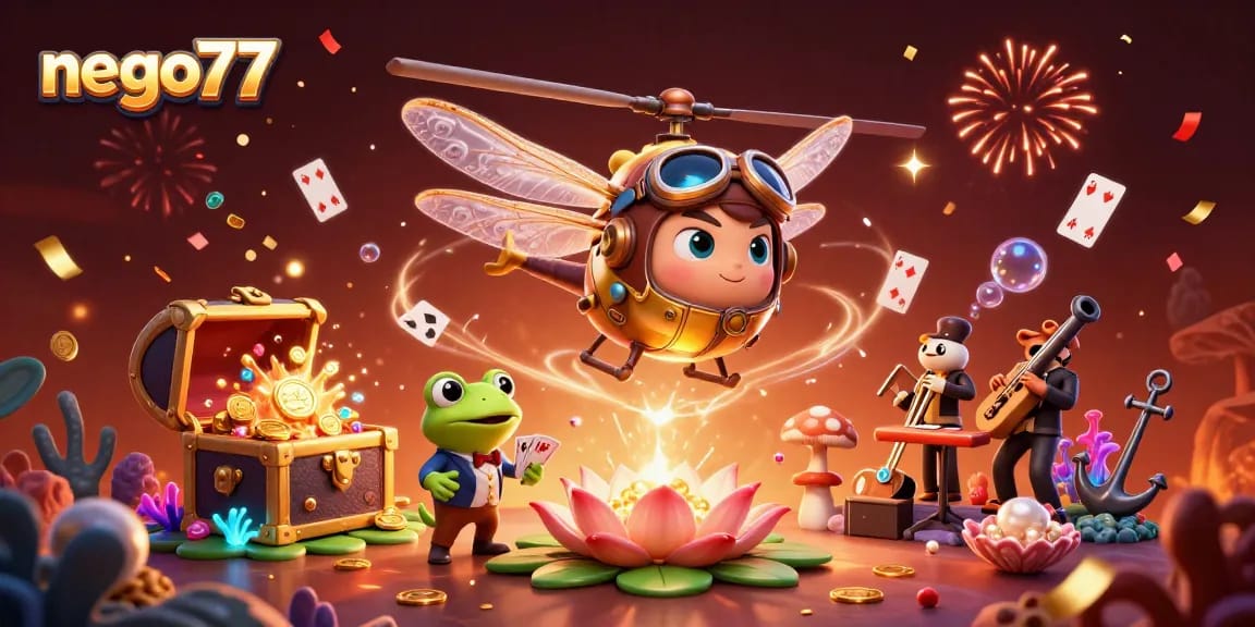 Experience the vibrant energy of nego77 with a 3D illustration capturing a lively casino scene full of action.