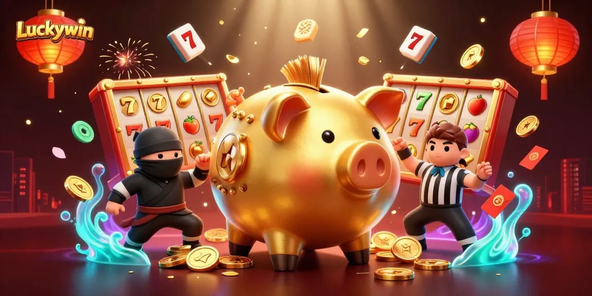 Experience the thrill of Luckywin with a dynamic illustration of a casino scene featuring iconic gambling elements.