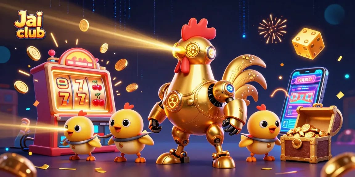 Engage with Jai club's thrilling jackpot experience featuring a golden robot and dynamic gaming elements.