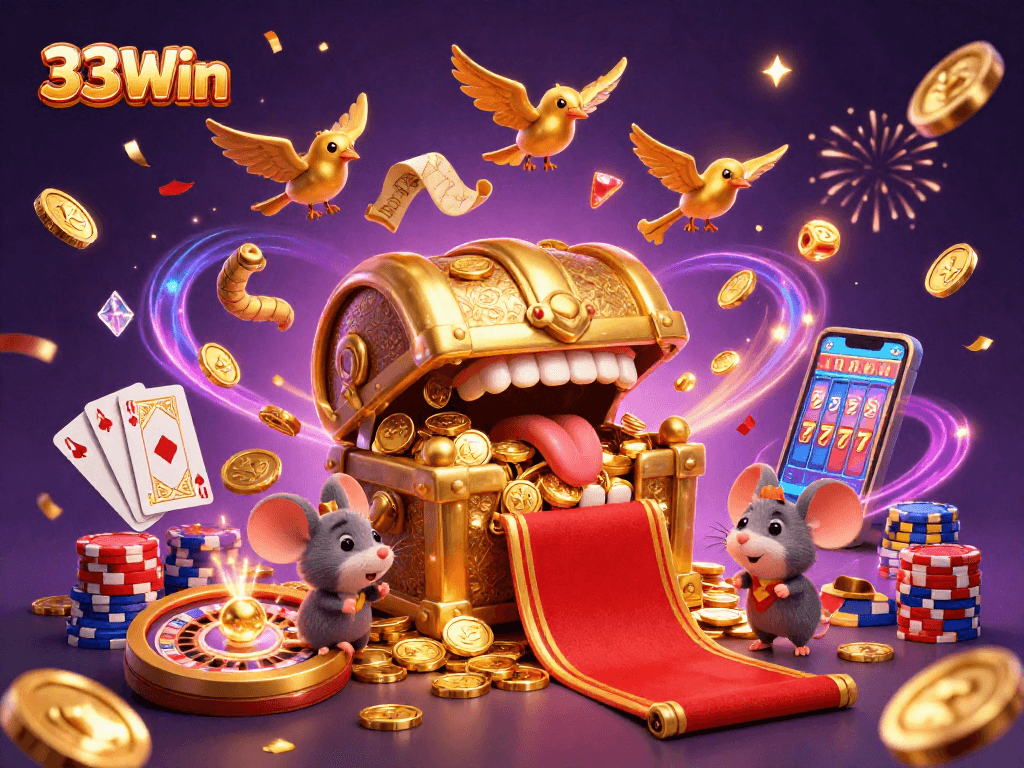 Experience thrilling wins at 33Win with exciting casino games, vibrant treasure chests, and spiraling gems.