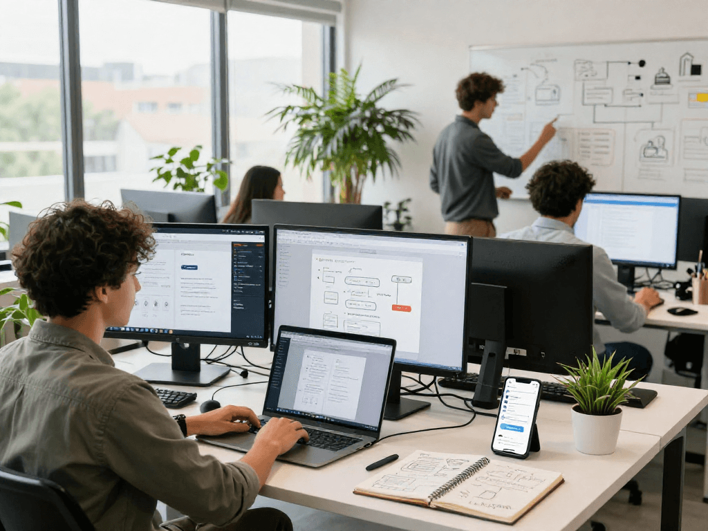 Showcasing the FairPlay app development workspace with dynamic interfaces and collaborative atmosphere.