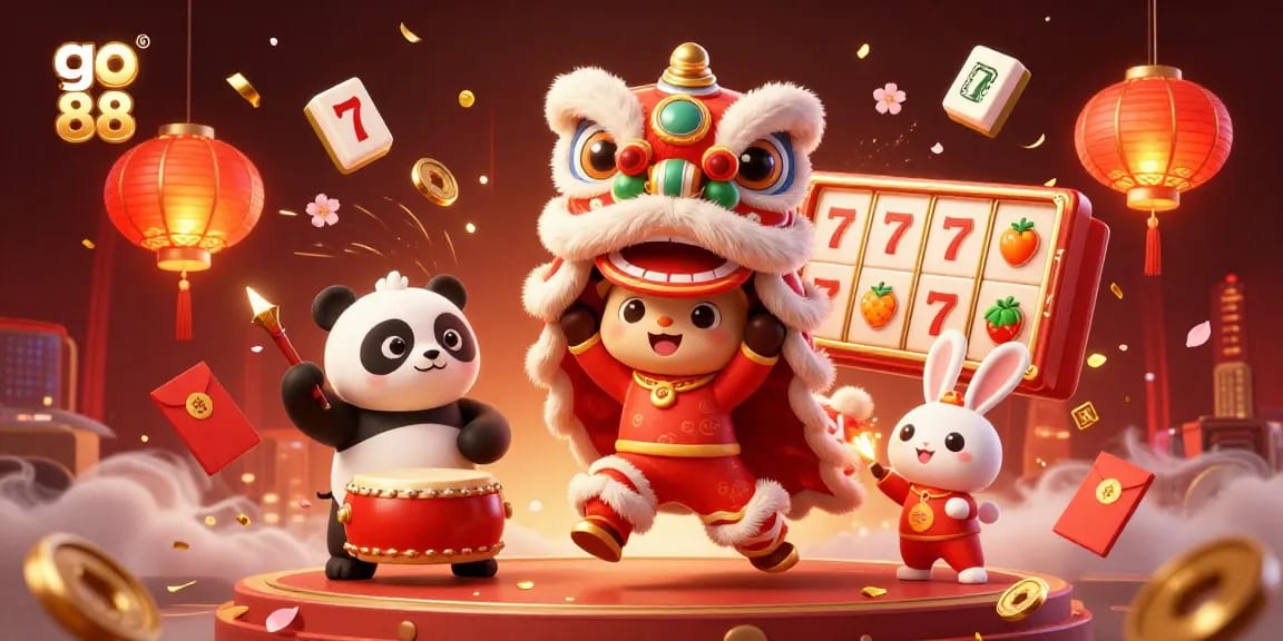 Engage with go 88 through vibrant slot reels and festive elements in a dynamic casino scene.