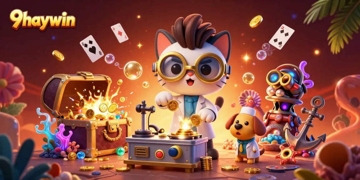 Experience thrilling gaming with 9haywin's vibrant casino-themed 3D illustration, featuring interactive fun.