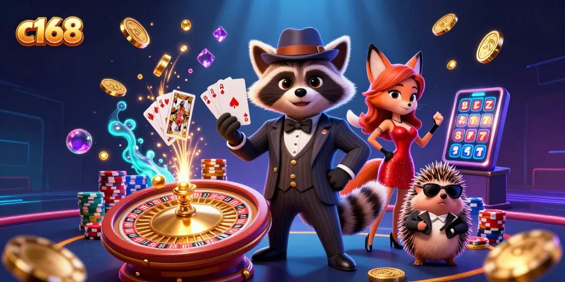 Engage in thrilling gameplay at c168 with raccoon, fox, and hedgehog capturing casino excitement!