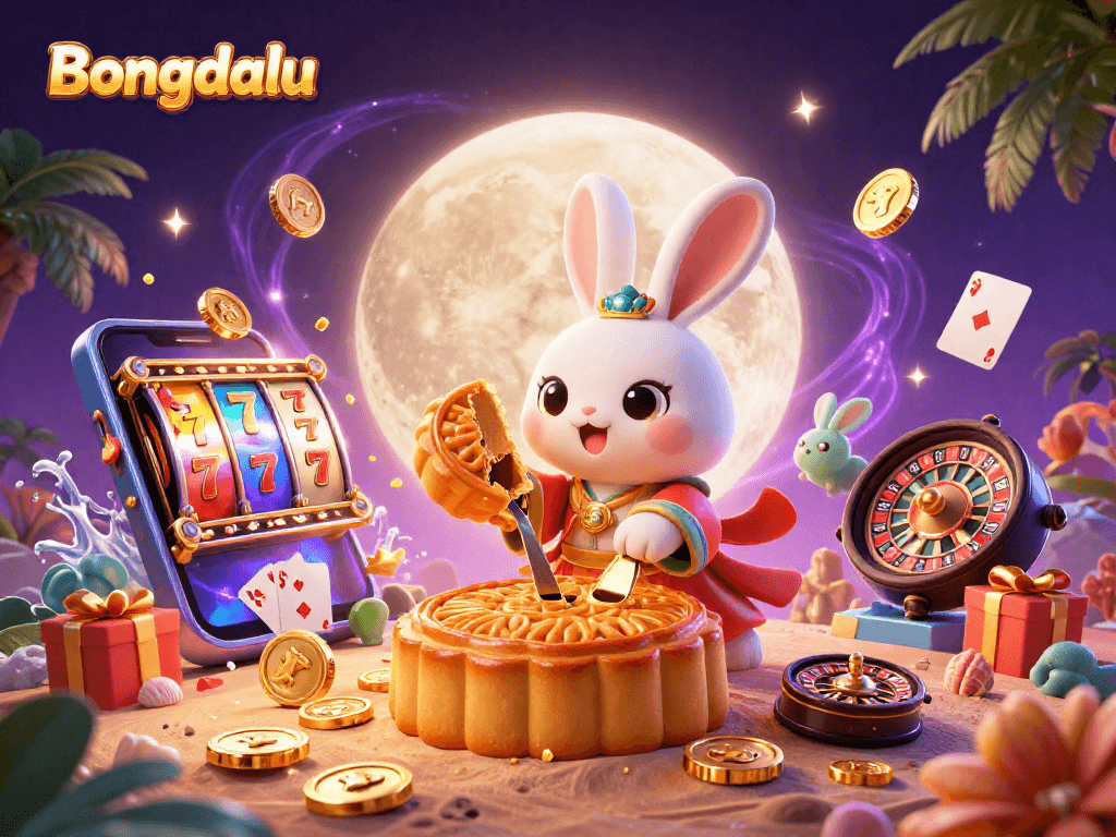 Bongdalu showcases a vibrant 3D scene with a moon rabbit and slot game elements, blending folklore with gambling excitement.