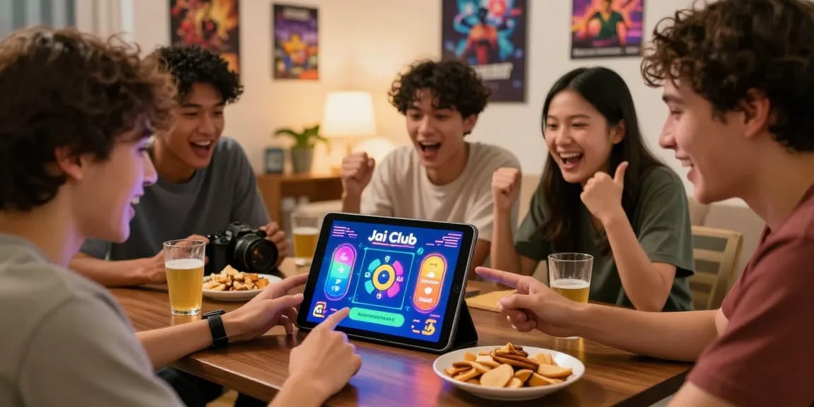 Friends engaged in jaiclub login gameplay on tablet, showcasing excitement and fun.