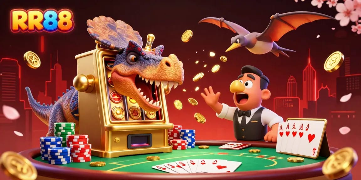 RR88 triggers a jackpot payout with a dinosaur headbutting a slot machine while golden coins fly around.