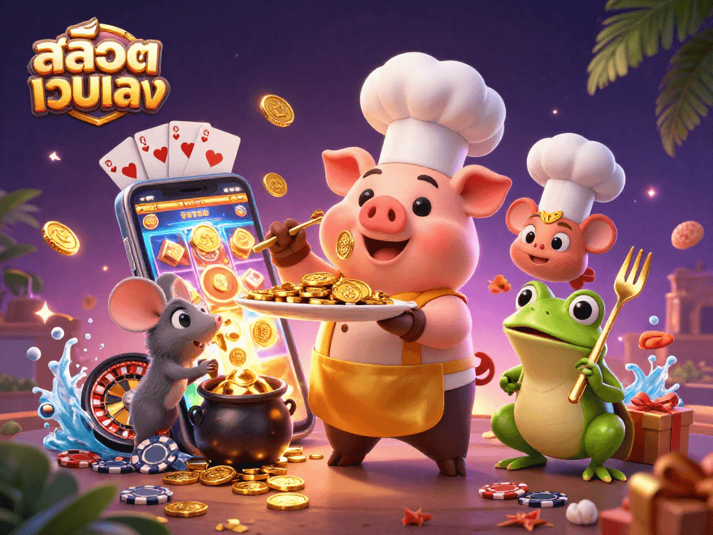 Spin winning slots at สล็อตเว็บตรง with a colorful casino scene featuring delightful characters and vibrant game elements.