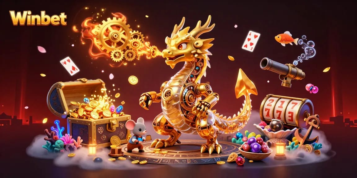 Winbet showcases an ultra-detailed 3D dragon scene, highlighting casino elements like slot reels and gold treasures.