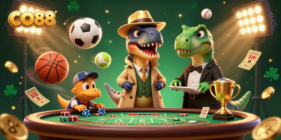 Experience thrilling moments at CO88 as cartoon dinosaurs play cards and basketball in a vibrant casino scene.