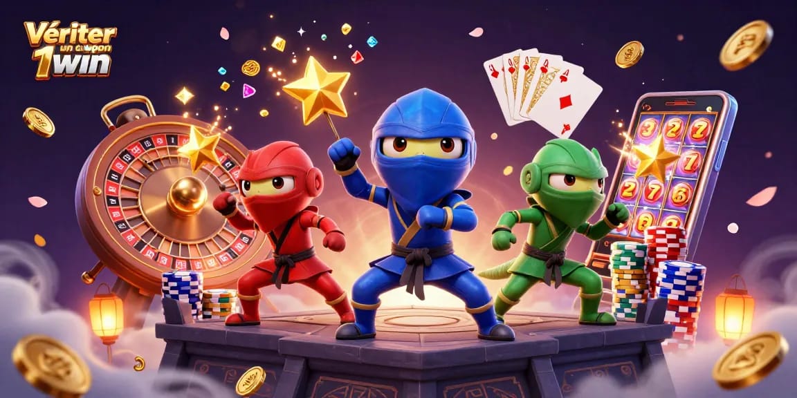 Vérifier un coupon 1win sur une illustration dynamique d'une équipe de chameleons ninja.