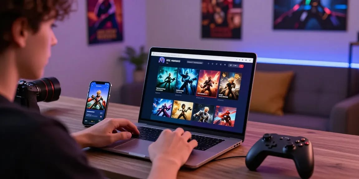 Pengguna berinteraksi dengan platform BATIK 88, laptop dan smartphone di sekitar, menggambarkan pengalaman gaming yang responsif.