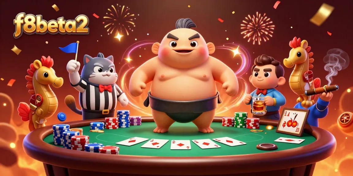 Experience thrilling poker action with f8beta2 featuring a blowfish in a sumo ring.