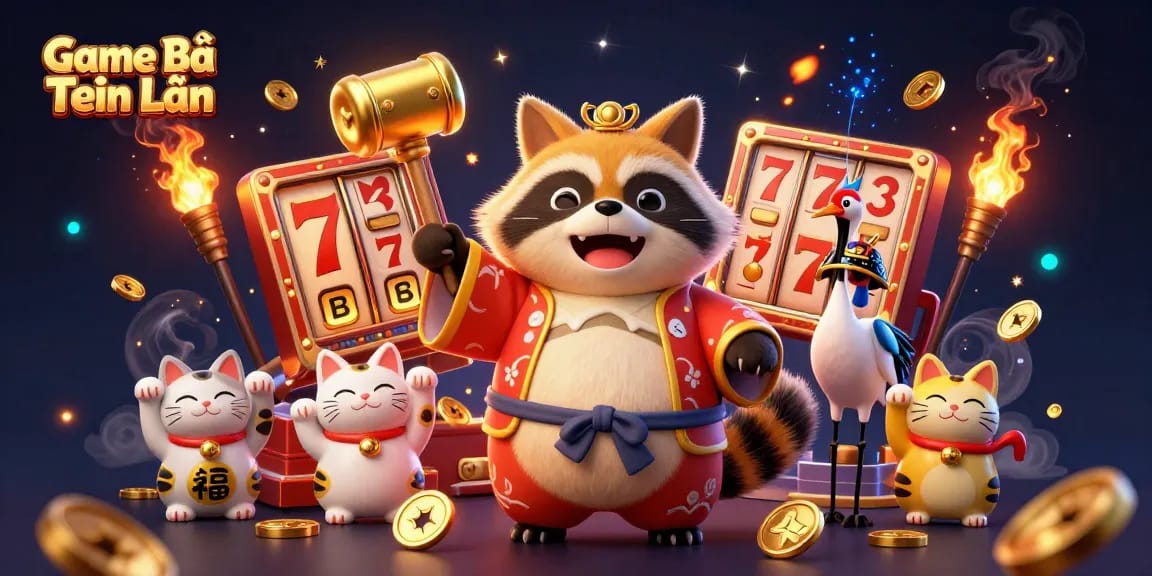 Play Game Bài Tiến Lên at the vibrant casino scene featuring a cheerful tanuki and good luck symbols