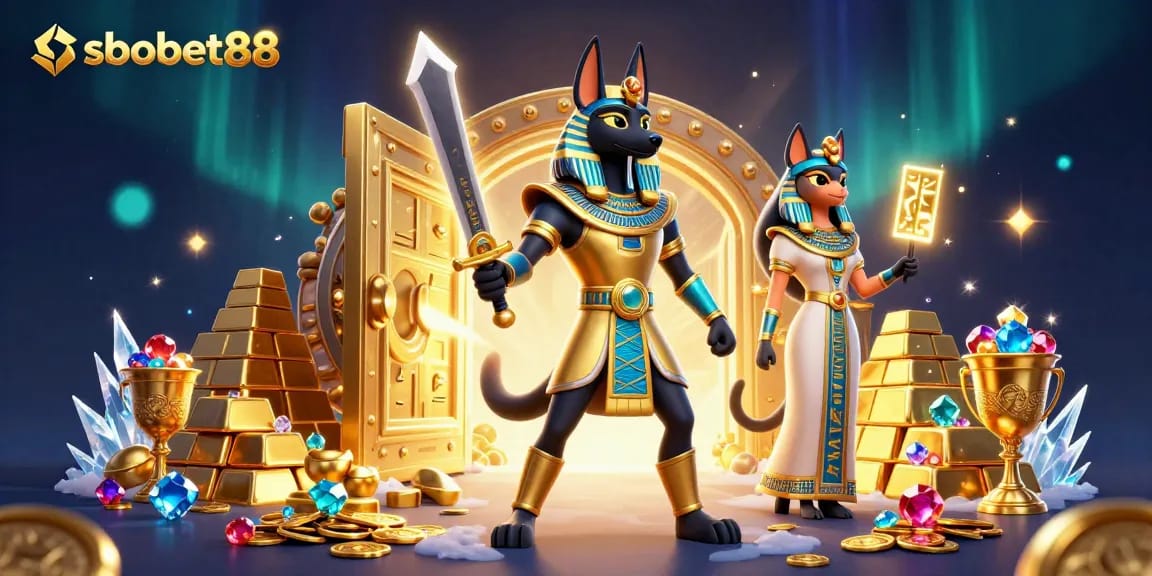 Experience the thrill of sbobet88 with our vibrant, dynamic gambling scene highlighting ancient warriors and treasures.