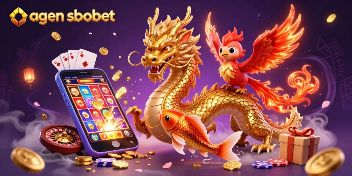 A vibrant 3D illustration of agen sbobet showcases a golden dragon, a phoenix, and coins amidst dynamic casino elements.