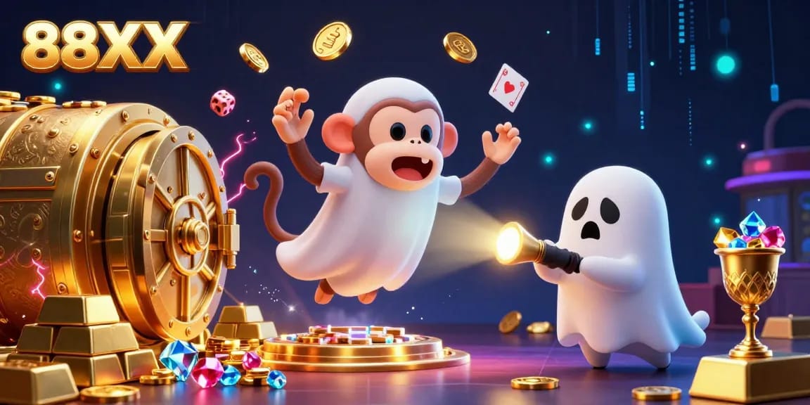 Bet on thrilling games at 88XX as a mischievous poltergeist monkey juggles gold coins and cards in a haunted casino.