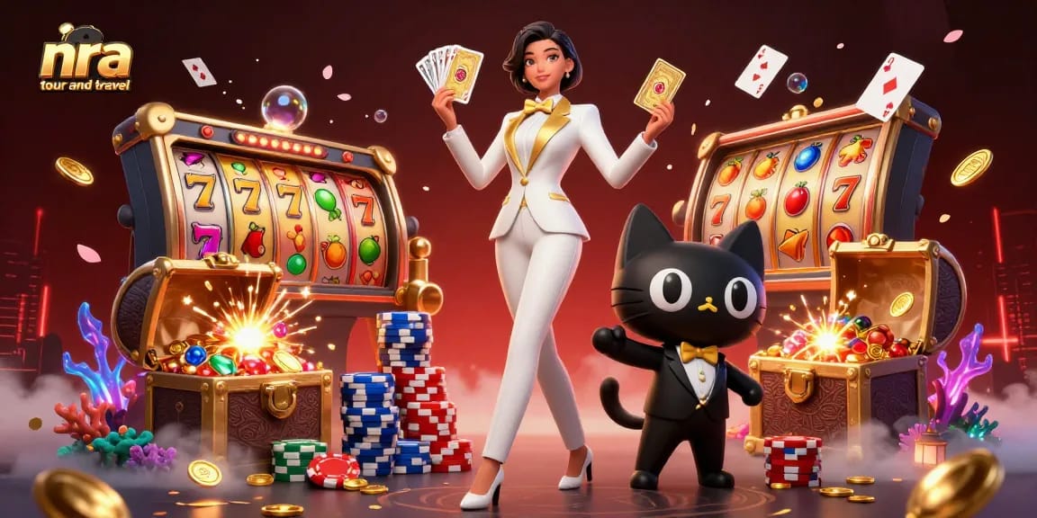 Engage with nra tour and travel at this vibrant illustration showcasing the thrill of slot games.