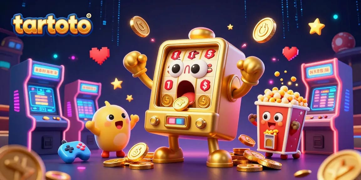 Tartoto slot machine celebrating a jackpot as coins cascade, with vibrant game elements around.