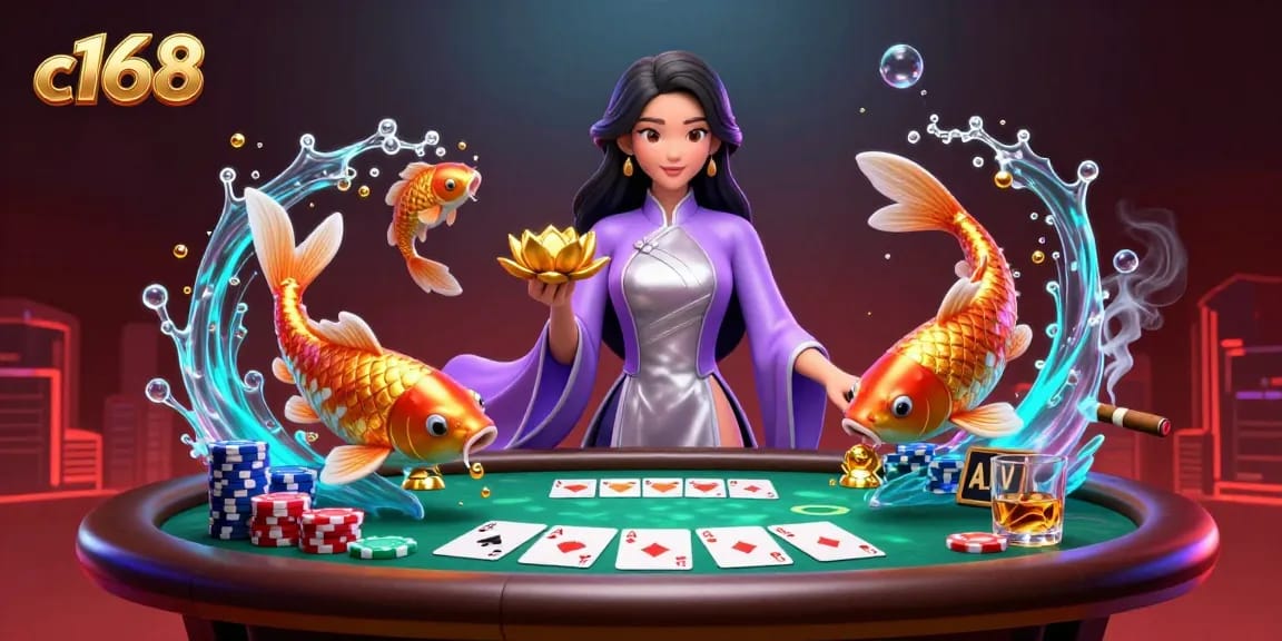 C168 players enjoy a thrilling poker scene with vibrant elements showcasing dynamic gaming excitement and quality.
