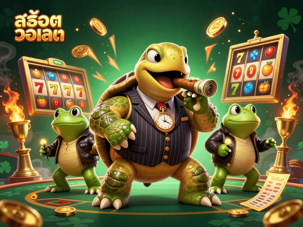 Engage with สล็อตวอเลท in a vibrant casino scene with a massive turtle and bullfrogs.