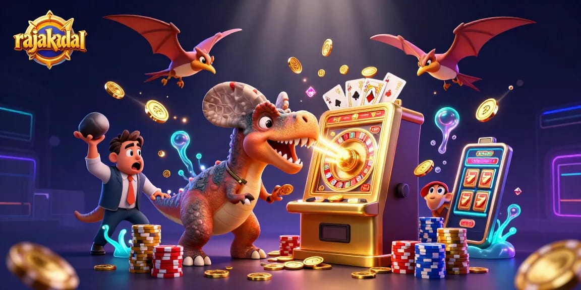 Slot jackpot dengan rajakadal, dinosaurus memukul mesin slot, menarik koin emas melayang.