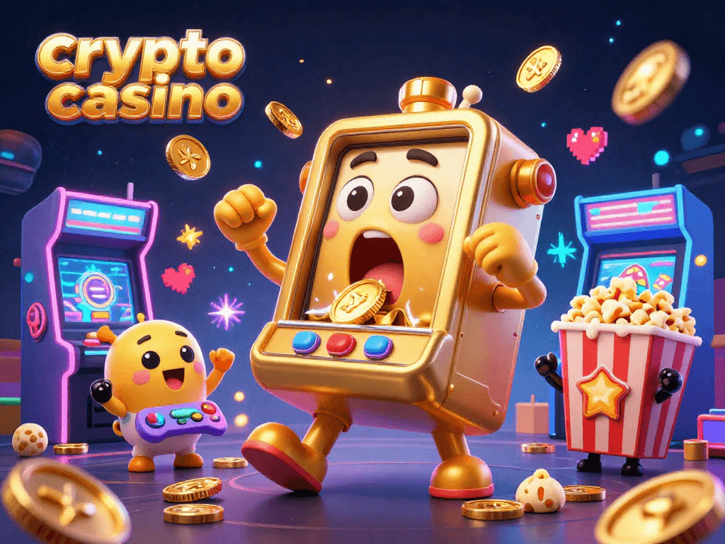 Celebrate wins at a crypto casino with a cartoon slot machine pouring coins in a vibrant arcade.