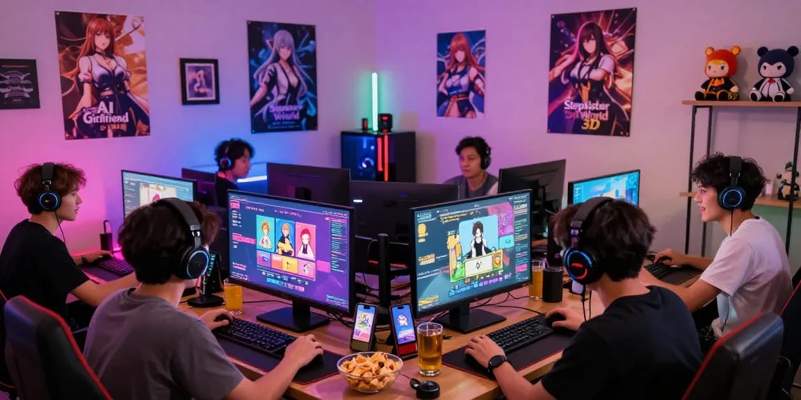 Exciting gaming scene showcasing players immersed in hentai games with colorful LED lights, showcasing popular titles.
