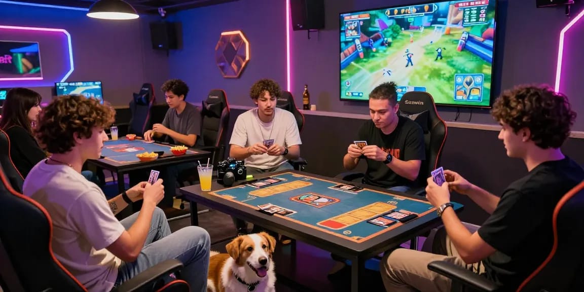 Friends playing Sunwin card game in a vibrant gaming lounge with snacks and drinks.
