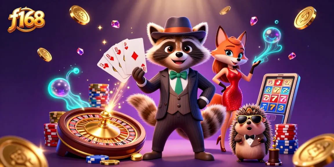 Join the excitement at f168 with a suave raccoon holding a royal flush, surrounded by dazzling casino elements.