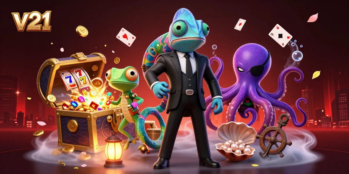 Pemain v21 bermain slot dengan penuh warna dan aksi menarik di latar belakang yang menawan.