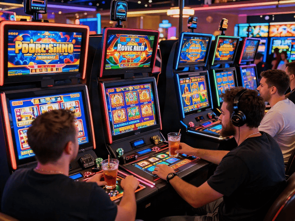 Exciting slot online gaming scene with diverse players enjoying vibrant machines in a lively casino atmosphere.