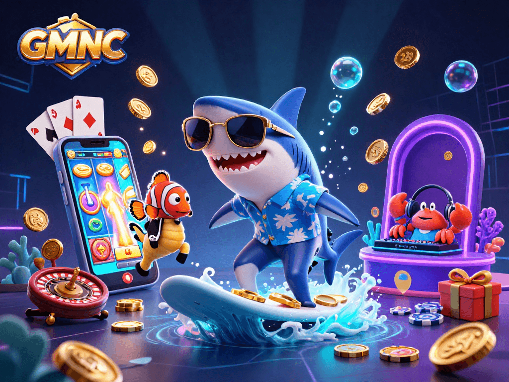 Spin to win with GMNC while a vibrant shark and seahorse celebrate in an engaging casino scene.