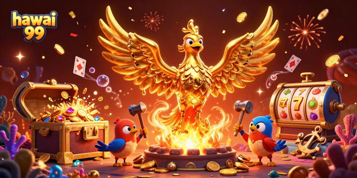Celebrate big wins with hawai 99 in this vibrant 3D casino scene of golden phoenix and gaming treasures.