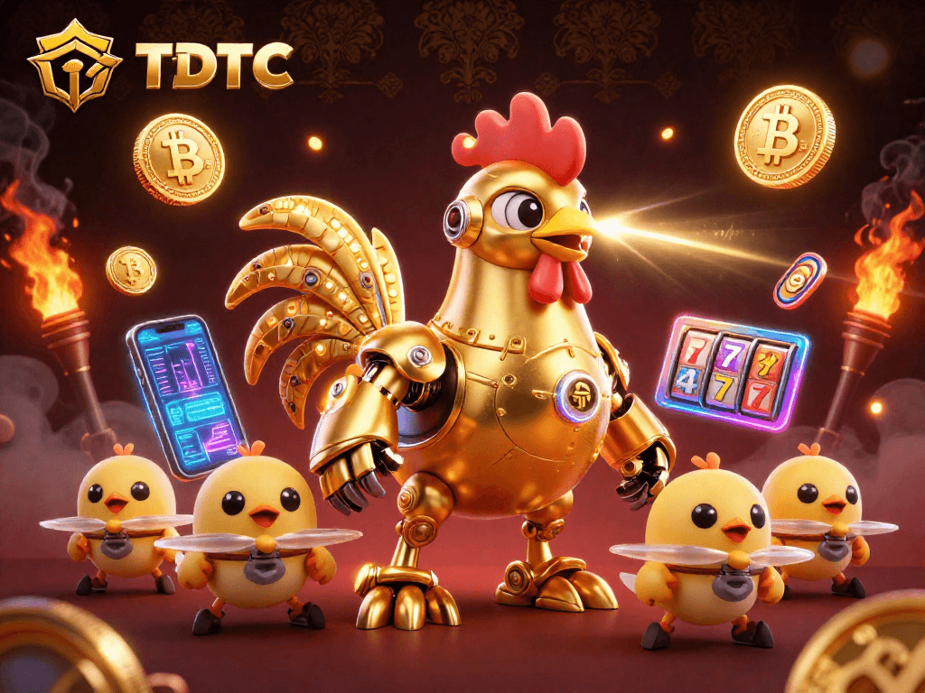 Engage in TDTC gaming excitement with a vibrant 3D illustration of a golden rooster robot and crypto elements.